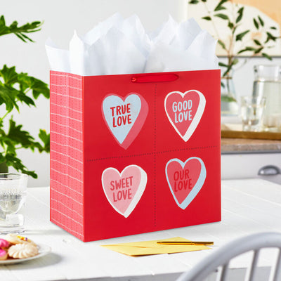 15" Candy Hearts on Red Extra-Deep Valentine's Day Gift Bag