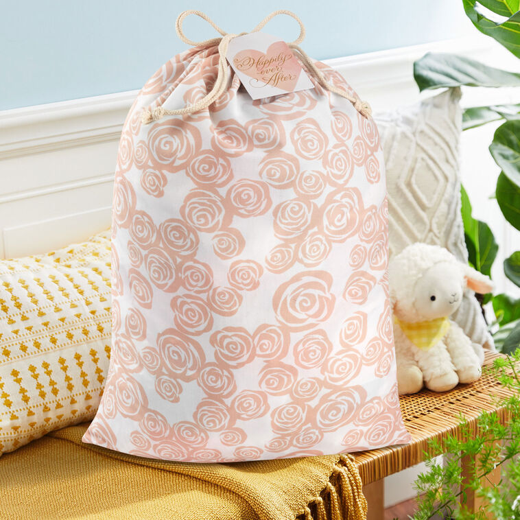 28" Pink Roses on Ivory Wedding Canvas Gift Sack With Gift Tag