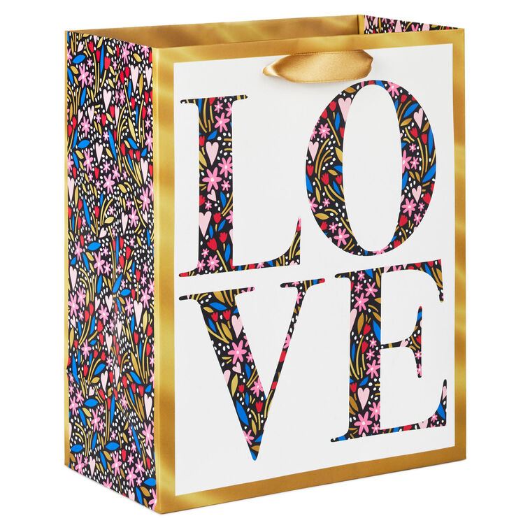 9.6" Love Floral Heart Print on White Medium Gift Bag