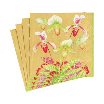 Slipper Orchid Paper Cocktail Napkins in Gold - 20 Per Package