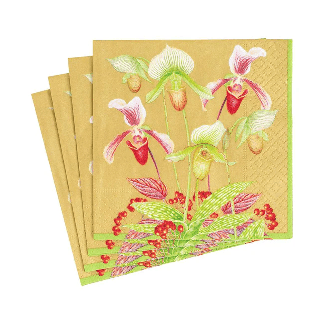 Slipper Orchid Paper Cocktail Napkins in Gold - 20 Per Package