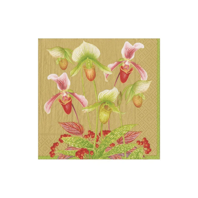 Slipper Orchid Paper Cocktail Napkins in Gold - 20 Per Package