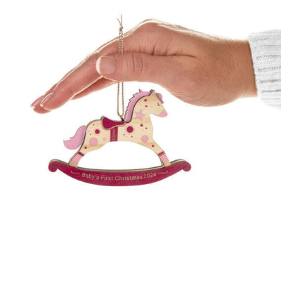 Baby Girl's First Christmas Rocking Horse 2024 Wood Ornament