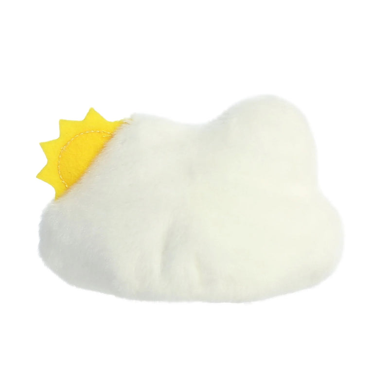 White cloud plush toy with a yellow sun sewn on