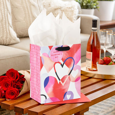 9.6" Watercolor Hearts Medium Valentine's Day Gift Bag With Tissue Paper