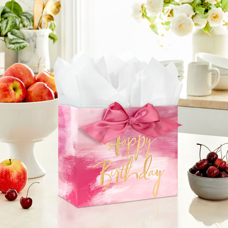 7.7" Pink Watercolor Medium Horizontal Birthday Gift Bag