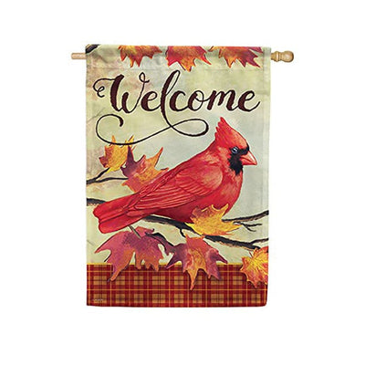 House flag with red cardinal on autumn branch. Text: Welcome. Dura Soft fabric