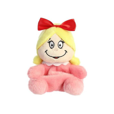 A white plush doll with a red bow on its head and a red heart on its chest. It is sitting upright on a white background