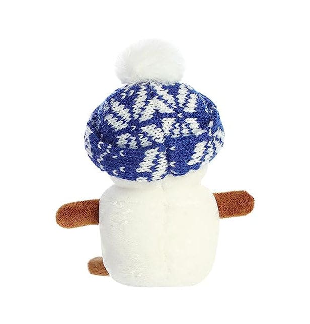 A stuffed snowman wearing a blue knitted hat. The snowman is white with black eyes and a orange carrot nose.