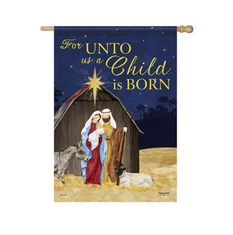 Vertical house flag with text ‘For UNTO usa Child is BORN’ in white with red trim. Blue background with snowflakes