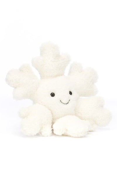 White Jellycat Amuseable Snowflake stuffed toy with smiling face