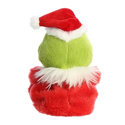 A green plush Grinch wearing a Santa hat. The Grinch has a big smile and a grumpy expression. 