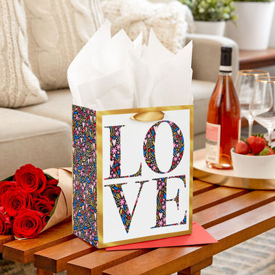 9.6" Love Floral Heart Print on White Medium Gift Bag