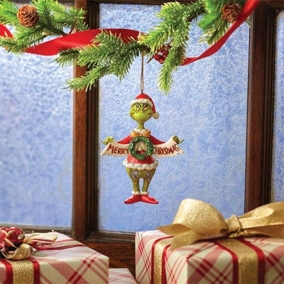 Grinch Holding Merry Christmas Banner Ornament