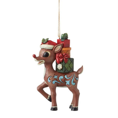 Rudolph with Stacked Presents on Back Ornament