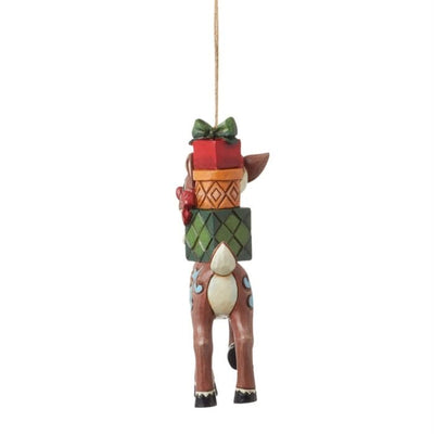 Rudolph with Stacked Presents on Back Ornament