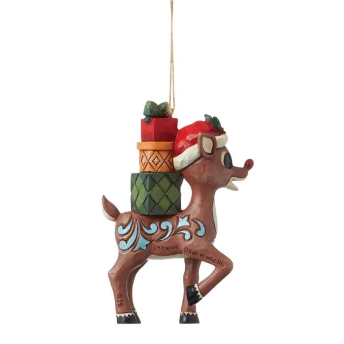 Rudolph with Stacked Presents on Back Ornament