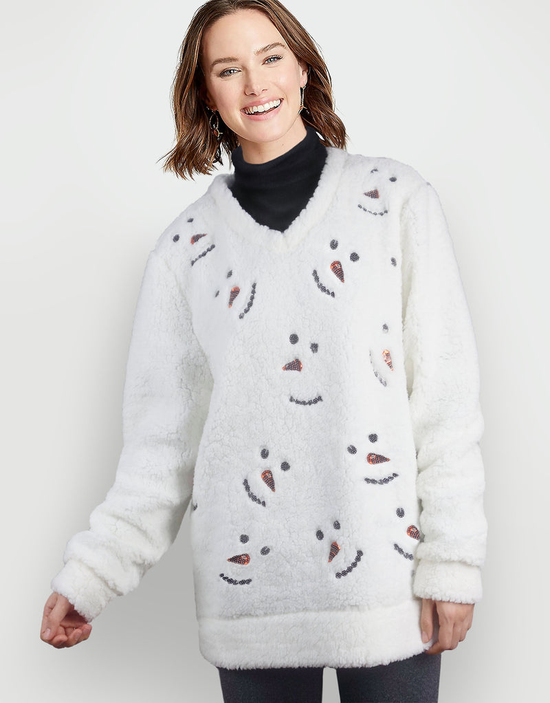 Snowman Sequin Sherpa Pullover