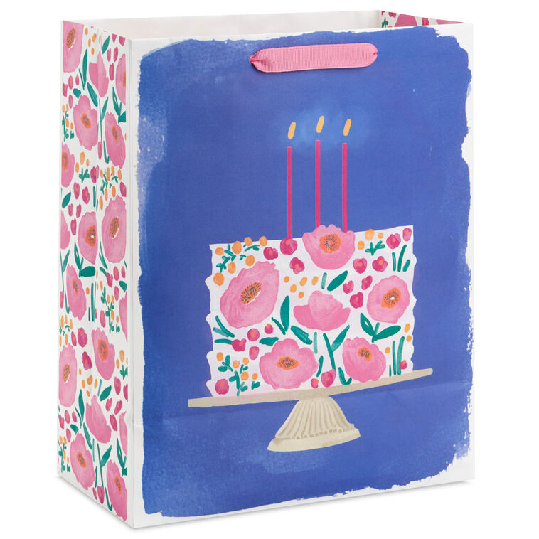 13" Floral Cake on Blue Large Birthday Gift Bag