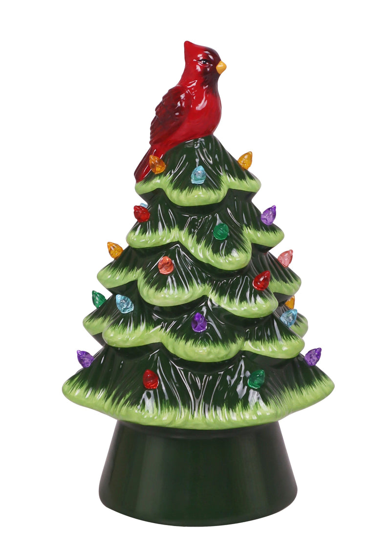 LED Green Christmas Tree with Cardinal Top 8.5"