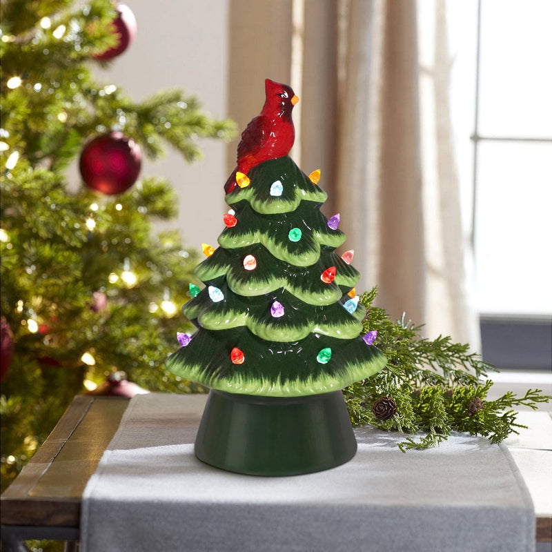 LED Green Christmas Tree with Cardinal Top 8.5"