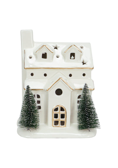 LED Ivory & Gold Village Ceramic House 7"