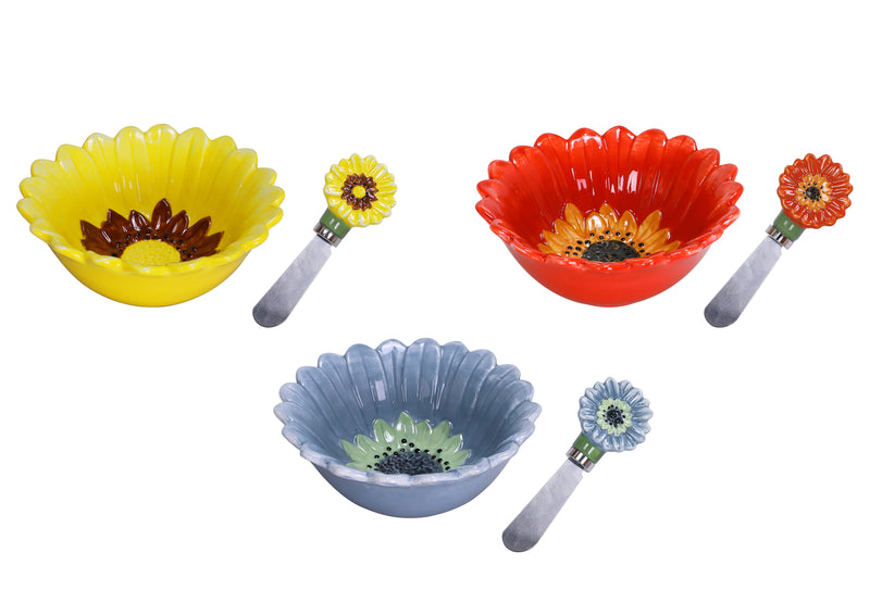 Sunflower Garden Ceramic Dip Bowl w/Spreader 4.75"