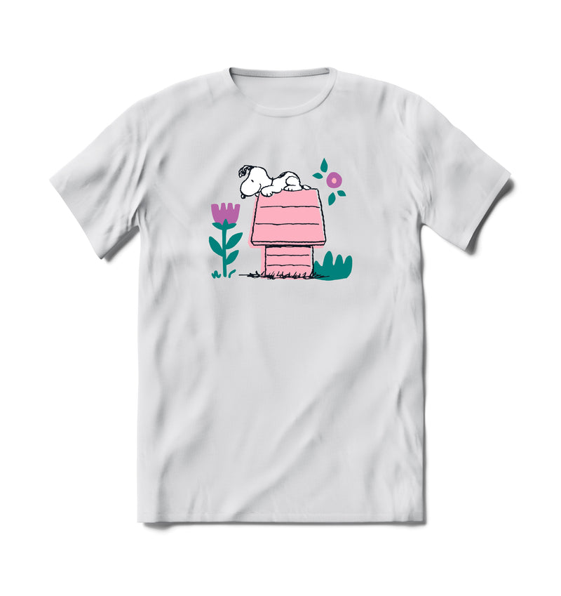 Snoopy on Pink Doghouse White T-Shirt