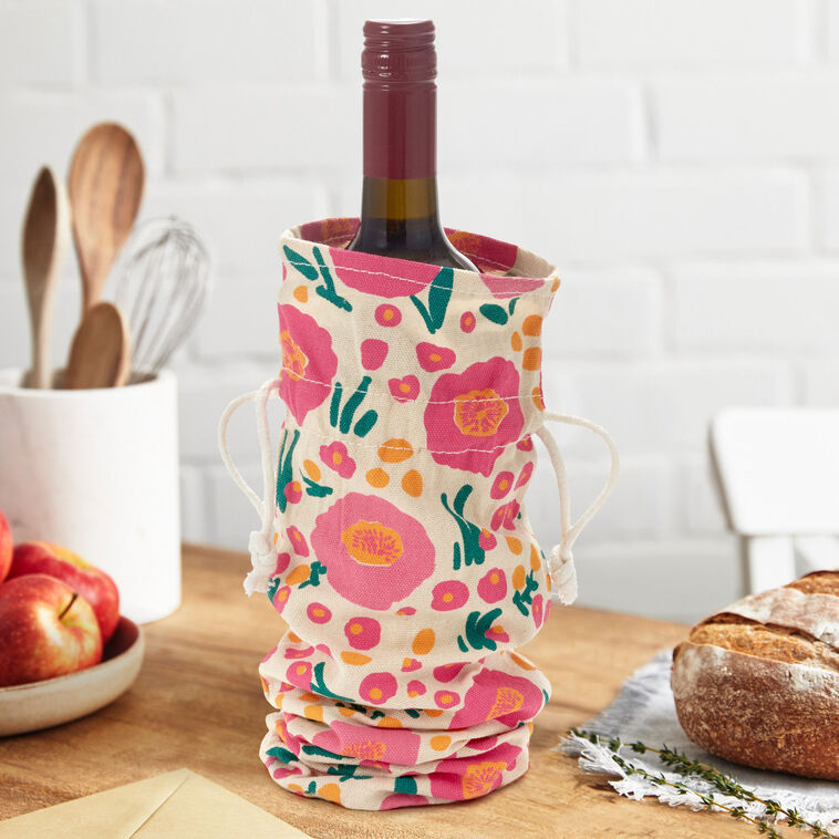 14" Pink Floral Fabric Wine Gift Bag