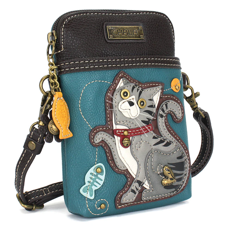 Cell Phone Crossbody- Gray Cat On Blue