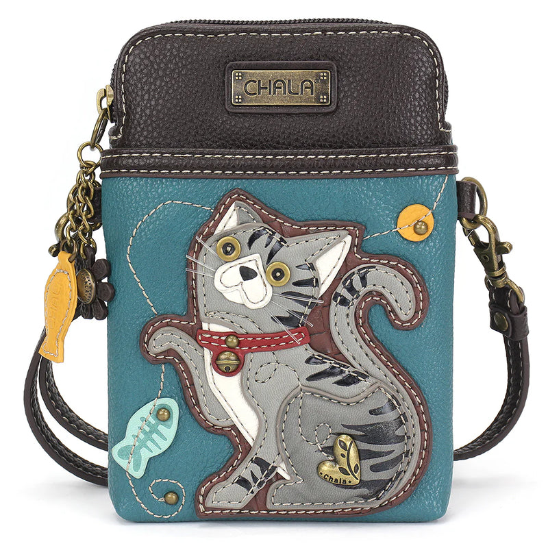 Cell Phone Crossbody- Gray Cat On Blue