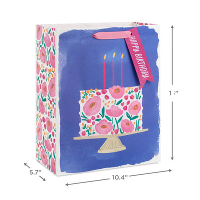 13" Floral Cake on Blue Large Birthday Gift Bag