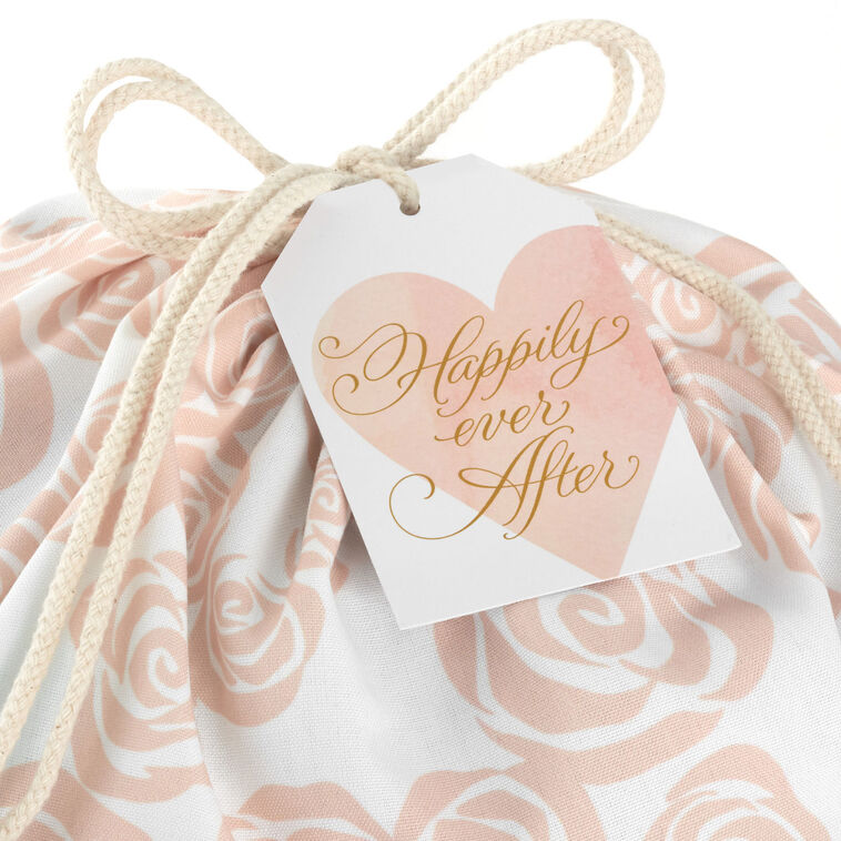 28" Pink Roses on Ivory Wedding Canvas Gift Sack With Gift Tag