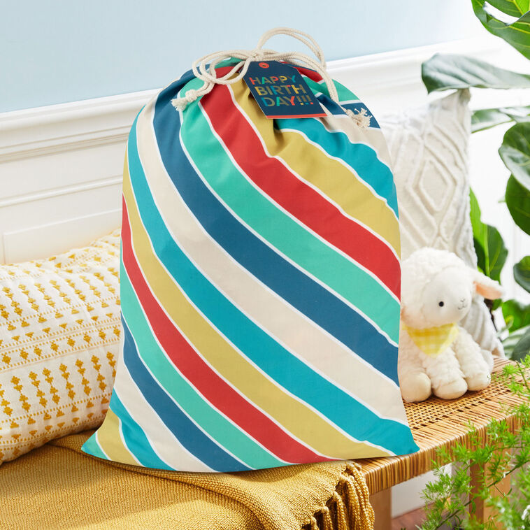 28" Bold Diagonal Stripes Birthday Canvas Gift Sack With Gift Tag