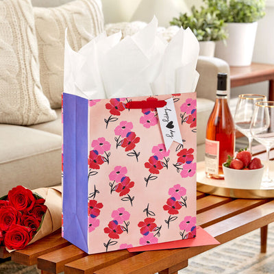 13" Pink and Red Flowers on Peach Large Valentine's Day Gift Bag