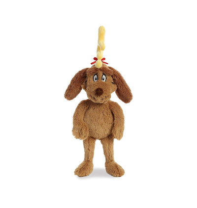 A brown plush dog wearing red and white reindeer antlers. 