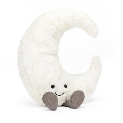 White crescent moon plush toy with smiley face