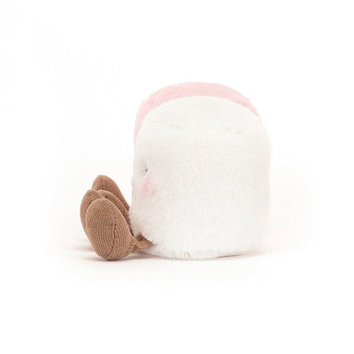 Pink and white plush marshmallows with black button eyes and stitched smiles.