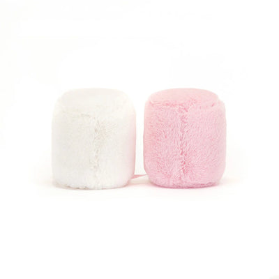 Pink and white plush marshmallows with black button eyes and stitched smiles.