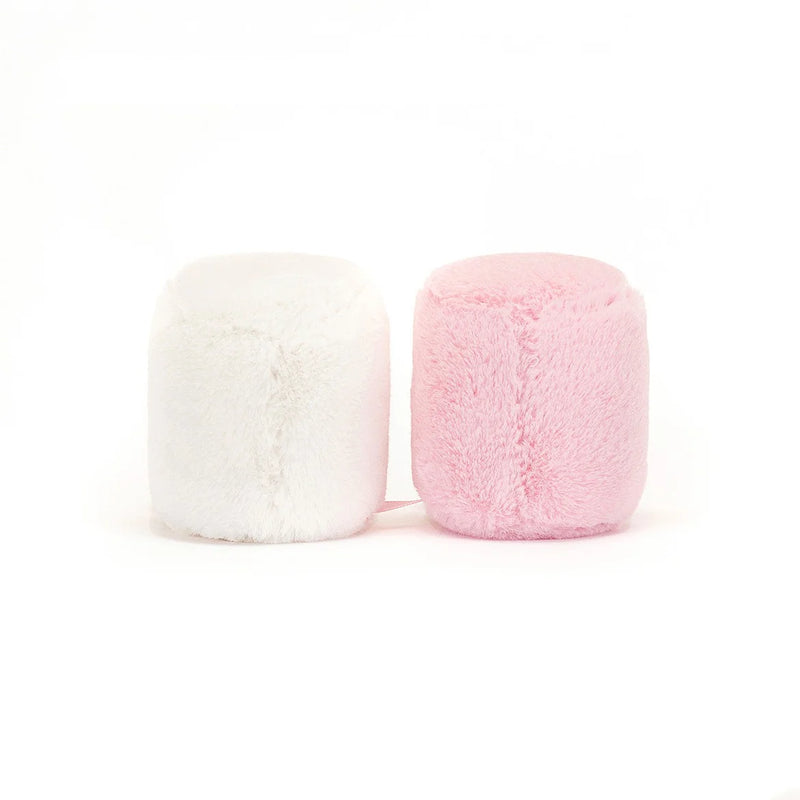 Pink and white plush marshmallows with black button eyes and stitched smiles.