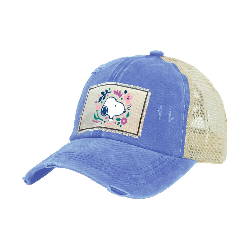 Peanuts Snoopy With Flowers Blue Distressed Trucker Hat