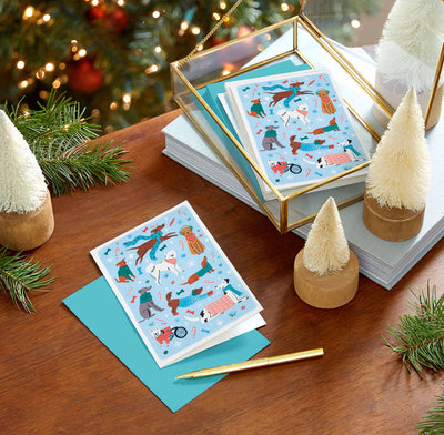 Festive Dogs on Blue Packaged Christmas Cards, Set of 5