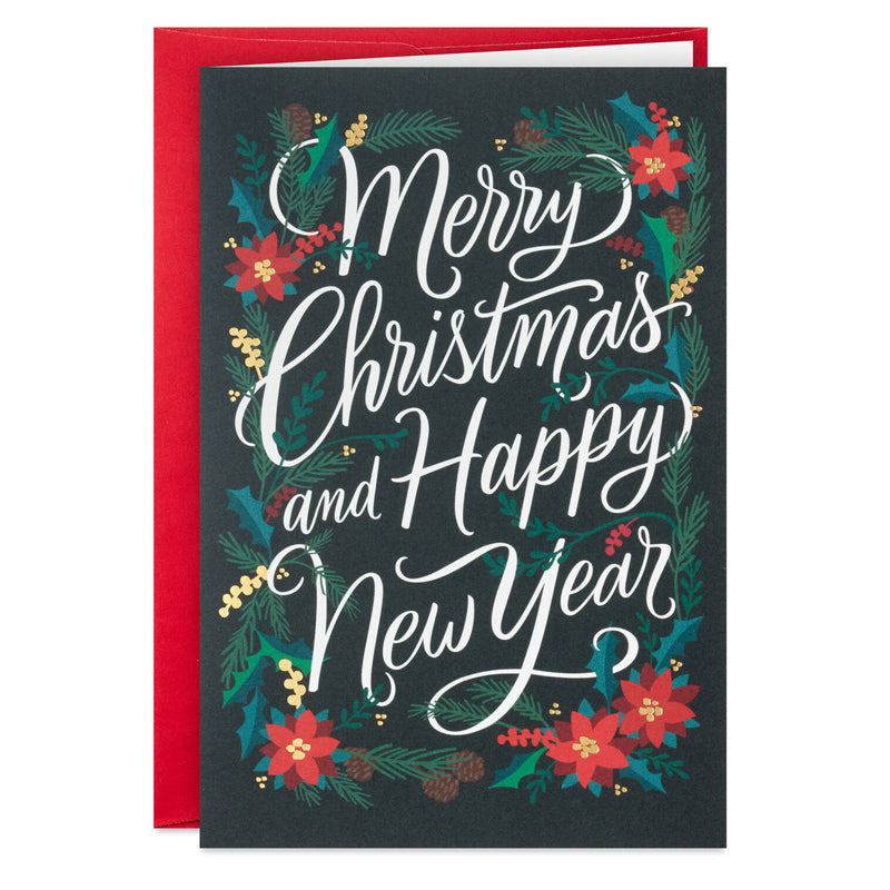 Poinsettias and Evergreen Boughs Packaged Christmas Cards, Set of 5