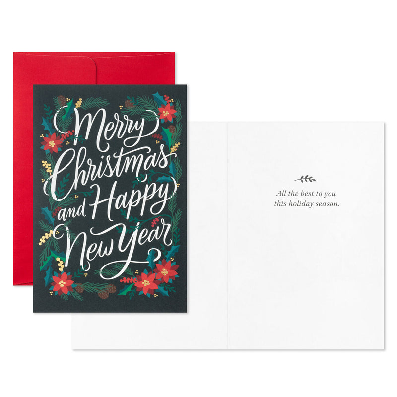 Poinsettias and Evergreen Boughs Packaged Christmas Cards, Set of 5