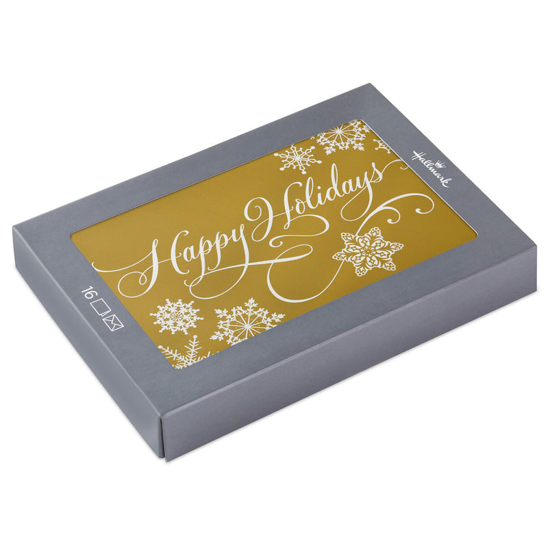 Snowflakes and Script on Gold Boxed Christmas Cards, Pack of 16