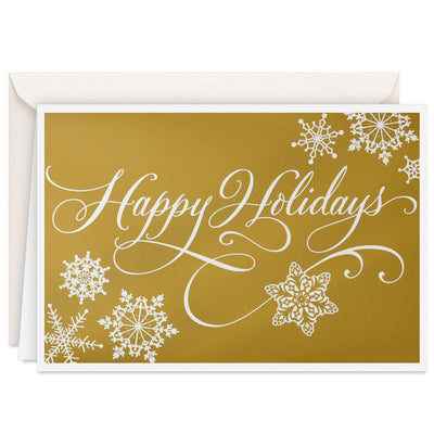 Snowflakes and Script on Gold Boxed Christmas Cards, Pack of 16