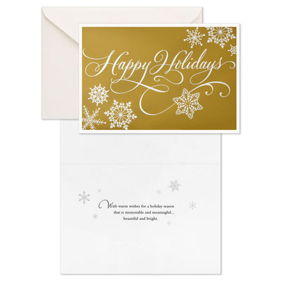 Snowflakes and Script on Gold Boxed Christmas Cards, Pack of 16