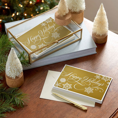 Snowflakes and Script on Gold Boxed Christmas Cards, Pack of 16