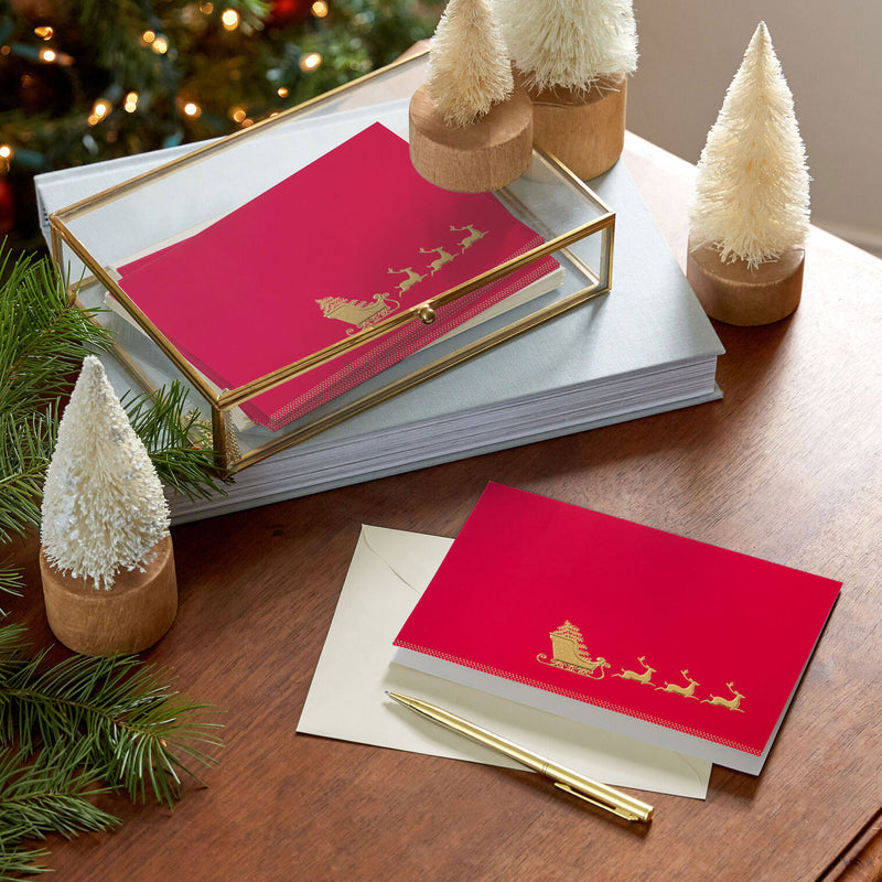 Elegant Sleigh on Red Boxed Christmas Cards, Pack of 16