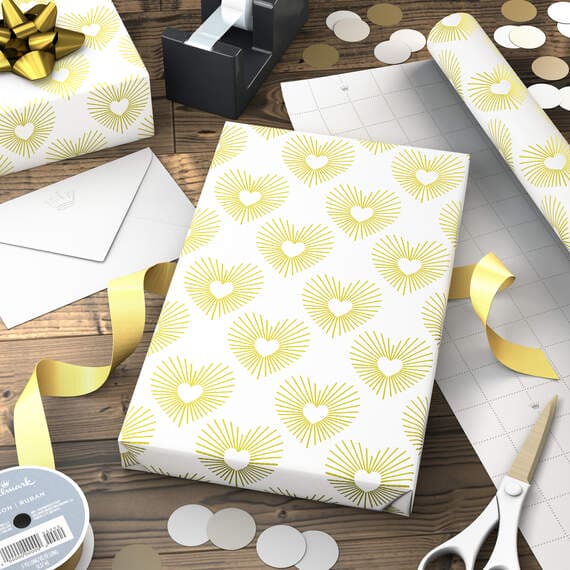 Gold Hearts on White Wrapping Paper, 15 sq. ft.